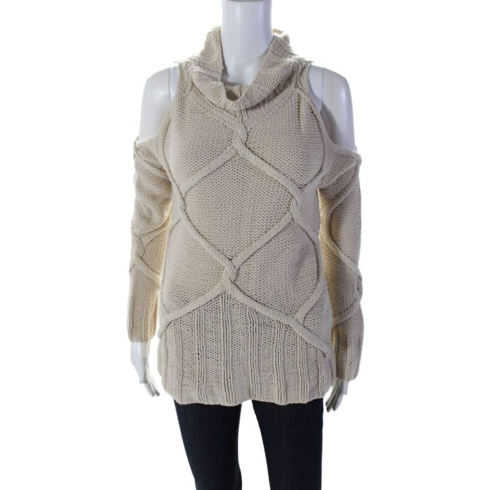 Roi Womens Cotton Thick Cable Knit Cold Shoulder Turtleneck Sweater White Size L